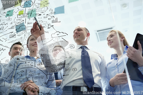 Image of smiling business people with marker and stickers