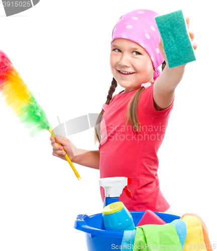 Image of Young girl is dressed as a cleaning maid