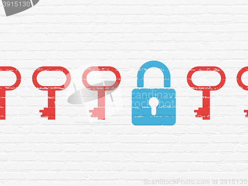 Image of Protection concept: closed padlock icon on wall background