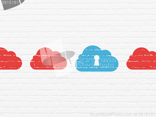 Image of Cloud computing concept: cloud with keyhole icon on wall background