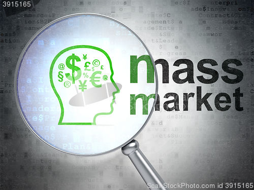 Image of Marketing concept: Head With Finance Symbol and Mass Market with optical glass