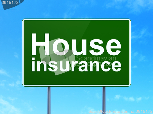 Image of Insurance concept: House Insurance on road sign background