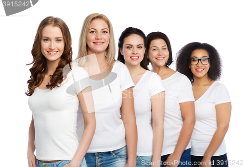 Image of group of happy different women in white t-shirts