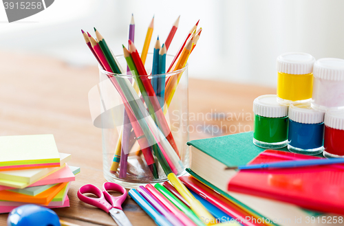 Image of close up of stationery or school supplies on table