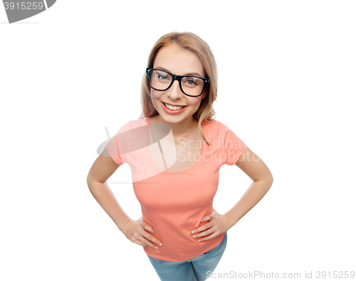 Image of happy young woman or teenage girl in eyeglasses