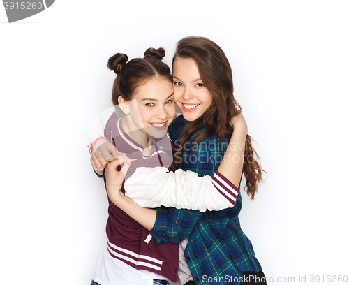 Image of happy smiling pretty teenage girls hugging