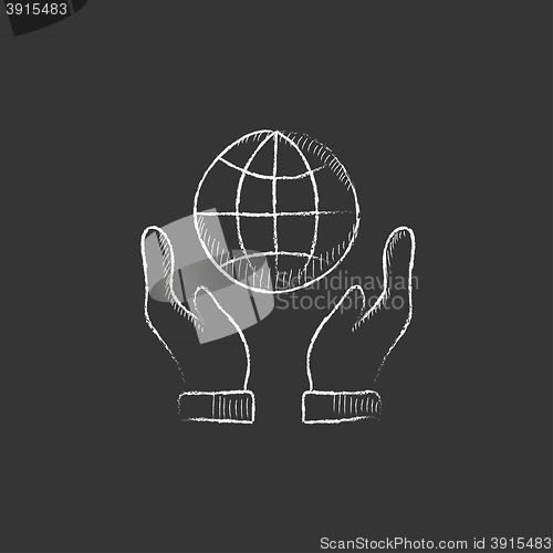 Image of Two hands holding globe. Drawn in chalk icon.