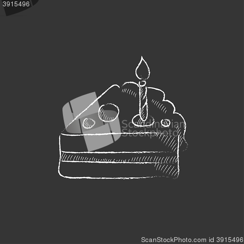 Image of Slice of cake with candle. Drawn in chalk icon.