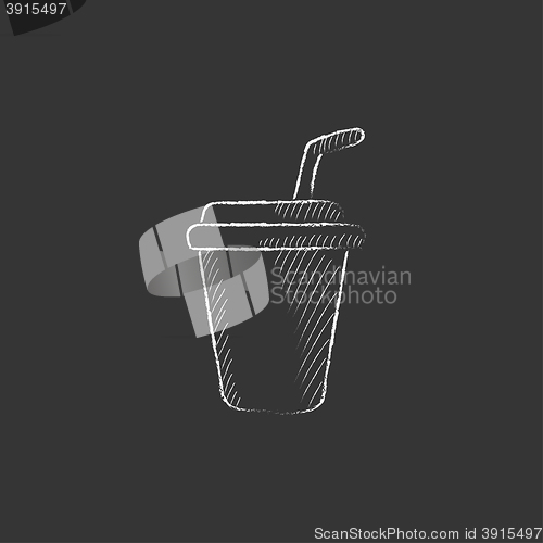 Image of Disposable cup with drinking straw. Drawn in chalk icon.