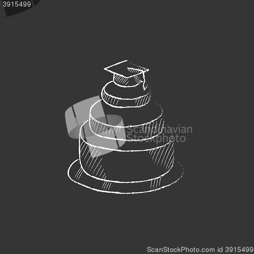 Image of Graduation cap on top of cake. Drawn in chalk icon.