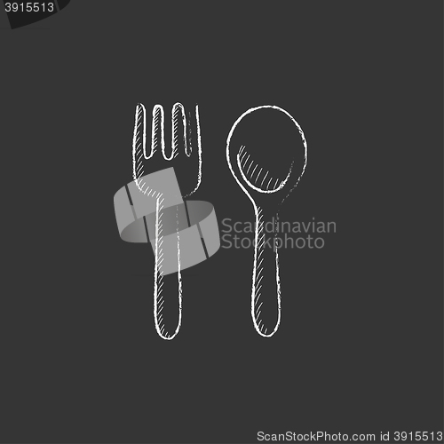 Image of Spoon and fork. Drawn in chalk icon.