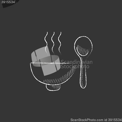 Image of Bowl of hot soup with spoon. Drawn in chalk icon.