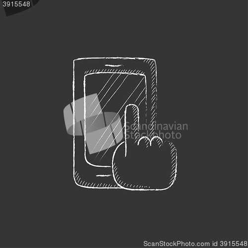Image of Finger pointing at smart phone. Drawn in chalk icon.