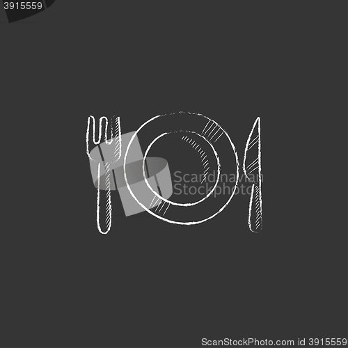 Image of Plate with cutlery. Drawn in chalk icon.