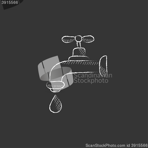 Image of Faucet with water drop. Drawn in chalk icon.