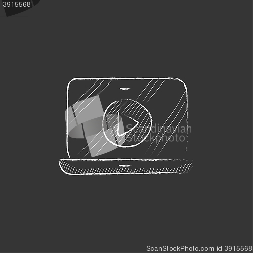 Image of Laptop with play button on screen. Drawn in chalk icon.