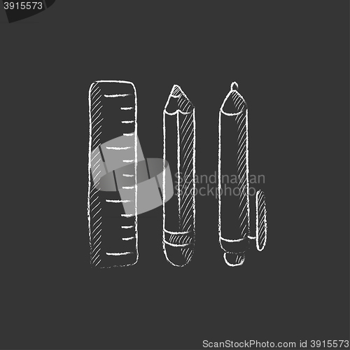 Image of School supplies. Drawn in chalk icon.