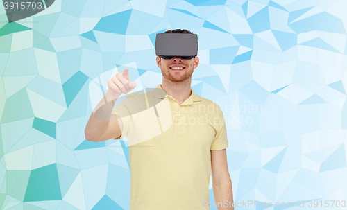 Image of happy man in virtual reality headset or 3d glasses