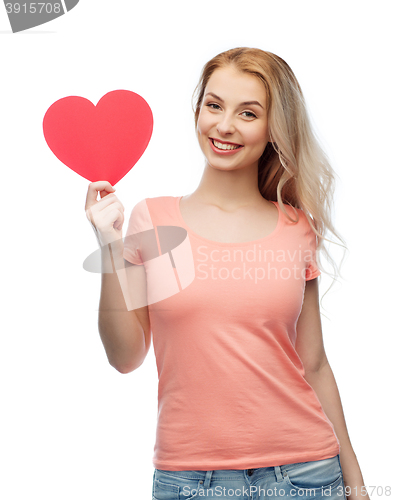 Image of happy woman or teen girl with red heart shape