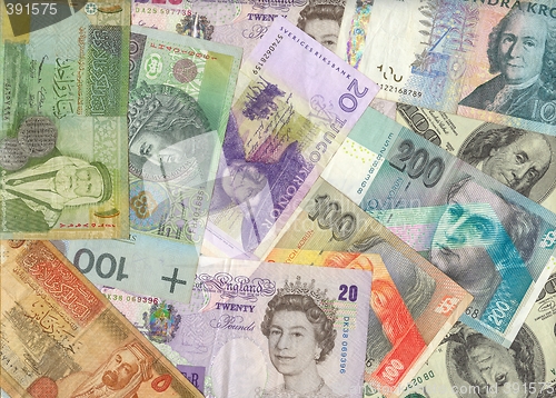 Image of International currencies. Global bank notes