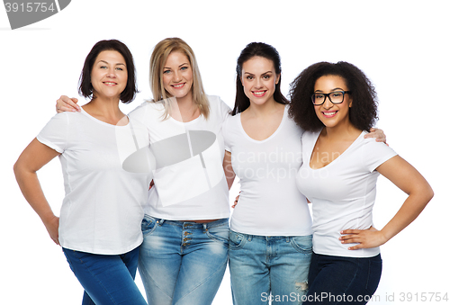 Image of group of happy different women in white t-shirts