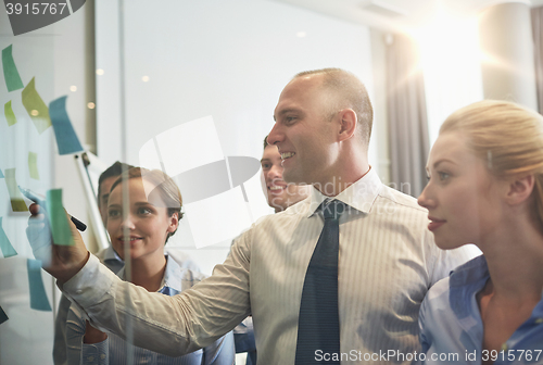 Image of smiling business people with marker and stickers