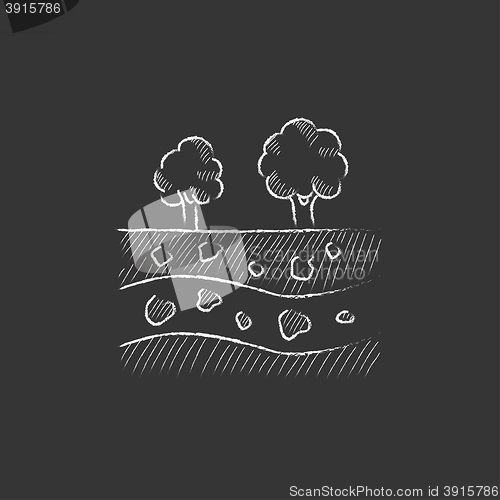 Image of Cut of soil with different layers and trees on top. Drawn in chalk icon.