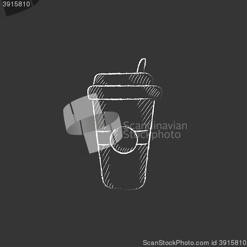 Image of Disposable cup with drinking straw. Drawn in chalk icon.