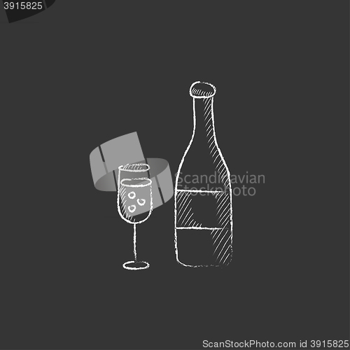 Image of Bottle of champaign and glass. Drawn in chalk icon.