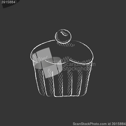 Image of Cupcake with cherry. Drawn in chalk icon.