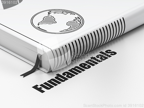 Image of Science concept: book Globe, Fundamentals on white background