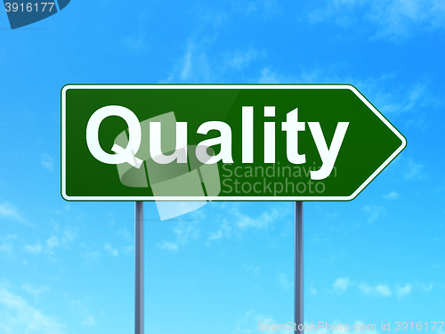 Image of Advertising concept: Quality on road sign background