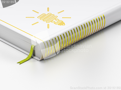 Image of Finance concept: closed book, Energy Saving Lamp on white background