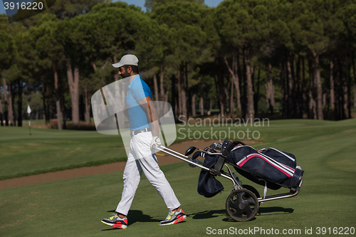 Image of golf player walking with wheel bag