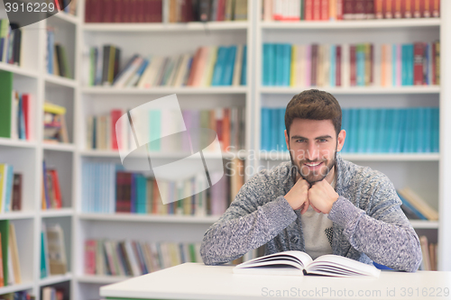 Image of portrait of student while reading book  in school library