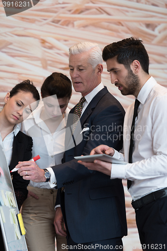 Image of business people group brainstorming and taking notes to flipboar