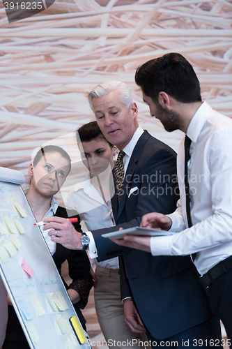 Image of business people group brainstorming and taking notes to flipboar