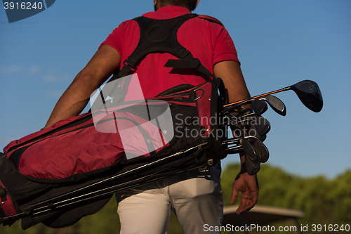 Image of close up of golfers back while   walking and carrying golf  bag