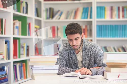 Image of portrait of student while reading book  in school library