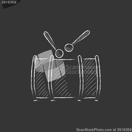 Image of Drum with sticks. Drawn in chalk icon.
