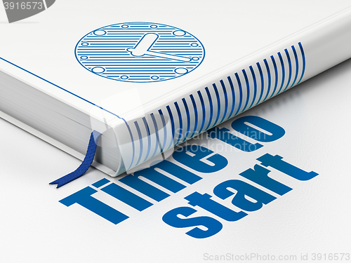Image of Timeline concept: book Clock, Time to Start on white background
