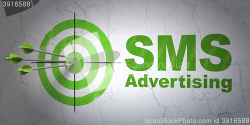 Image of Advertising concept: target and SMS Advertising on wall background