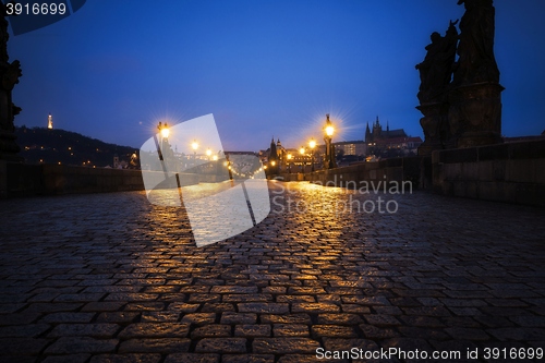 Image of Charles Bridge in Prague at dawn Czech Republic