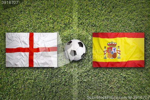 Image of England vs. Spain flags on soccer field