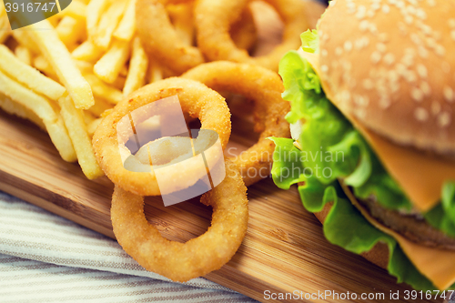 Image of close up of fast food snacks on table