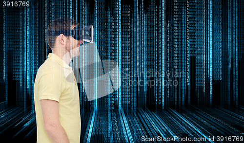 Image of happy man in virtual reality headset or 3d glasses