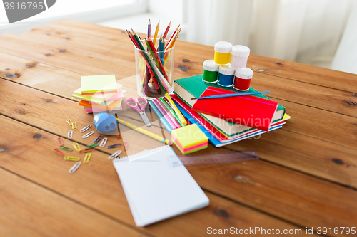 Image of close up of stationery or school supplies on table