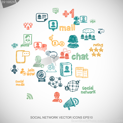 Image of Multicolor doodles Hand Drawn Social Network Icons set on White. EPS10 vector illustration.