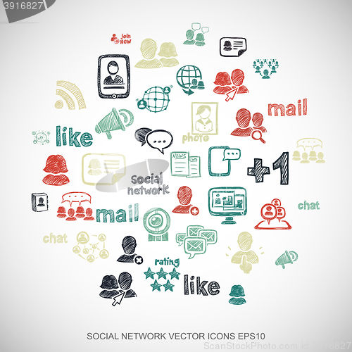 Image of Multicolor doodles Hand Drawn Social Network Icons set on White. EPS10 vector illustration.