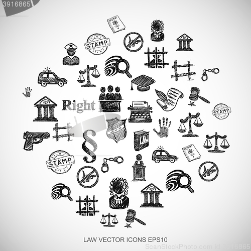 Image of Black doodles Hand Drawn Law Icons set on White. EPS10 vector illustration.